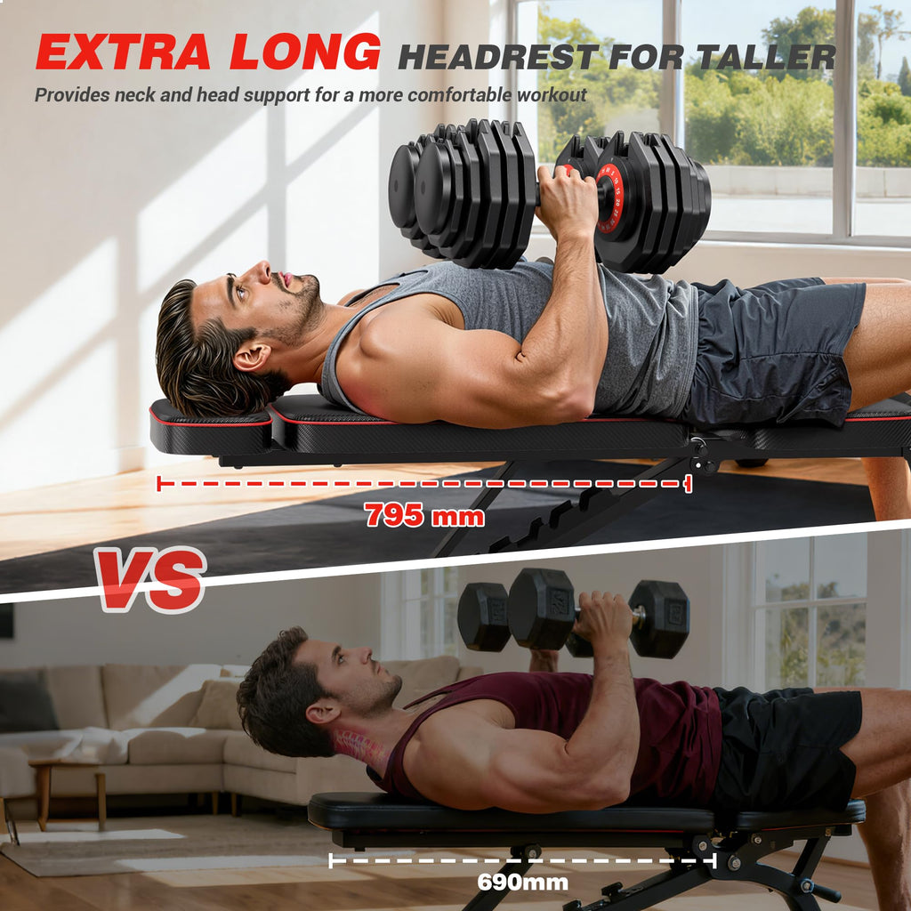 XDDIAS Workout Bench, 10 Backrests Adjustable Weight Bench with Extended Headrest, 800LBS Foldable Weight Bench for Home Gym, Incline Decline Flat Bench Compact for Small Space Training