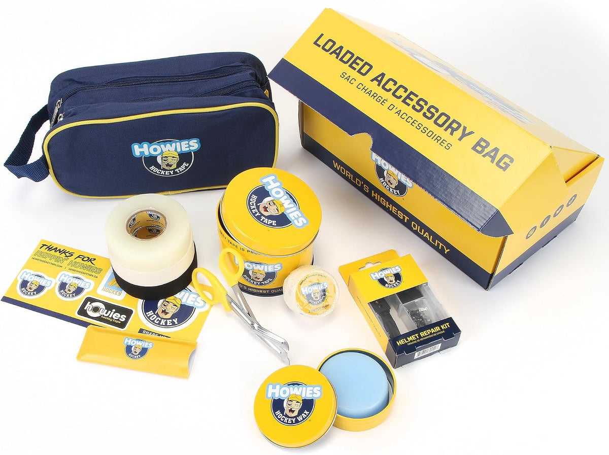 Howies Hockey Loaded Accessory Bag â Includes Stick, Grip, and Shin Pad Tape, Helmet Repair Kit, Fine Skate Stone and More! Ultimate Travel Bag and Gift for Hockey Players & Fans.