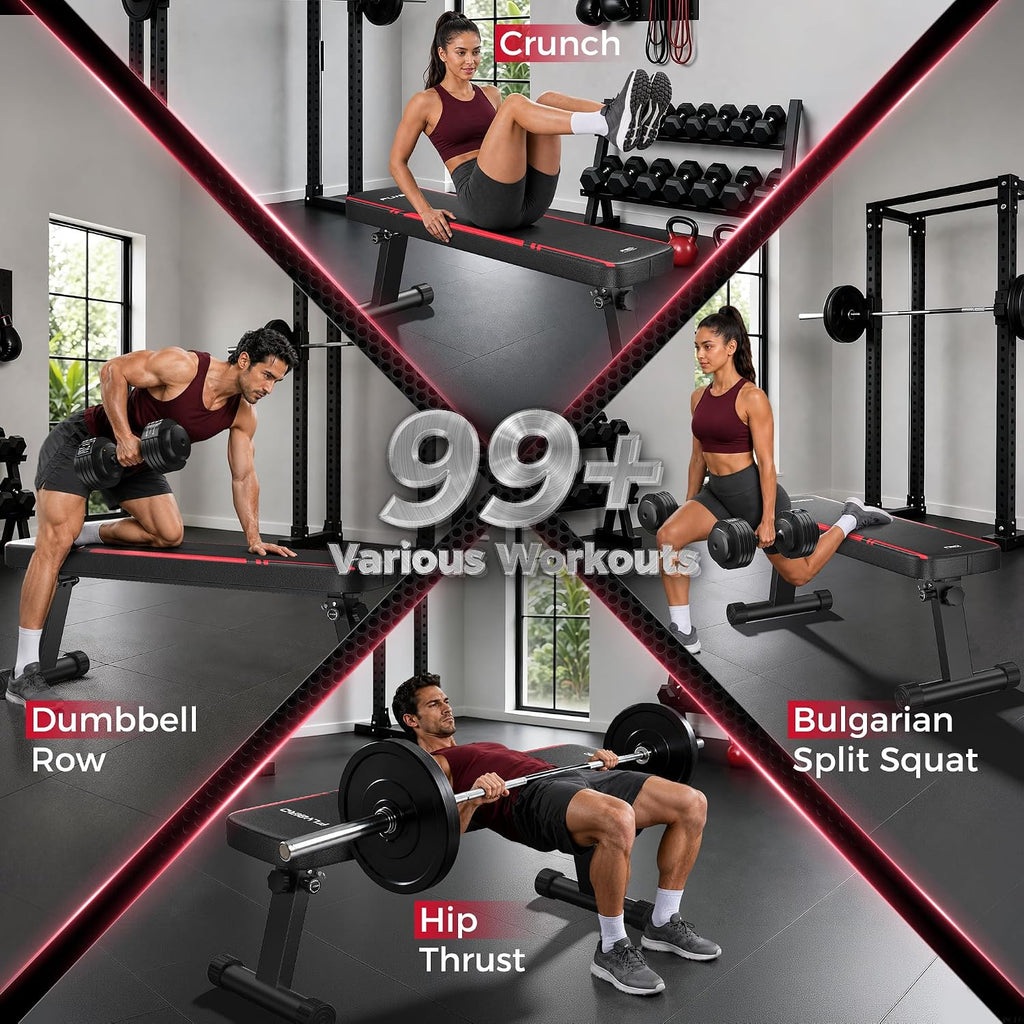 FLYBIRD Foldable Flat Weight Bench for Home Gym, 1000 lbs Capacity with Dual Locking for Strength Training, Easy Setup & Storage for Small Apartments, Lifting, Hip Thrust, Dumbbell Workout
