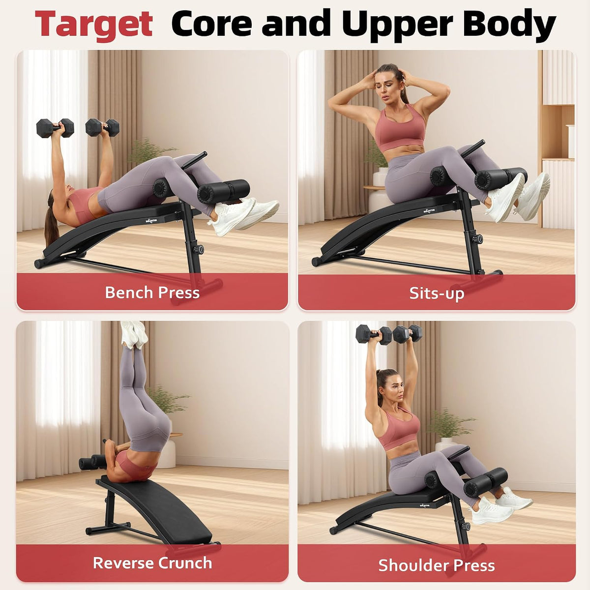 BODY RHYTHM Sit Up Bench with 4 Adjustable Heights and Reverse Crunch Handle, Curved Ab Workout Bench for Home Gym, Adjustable Weight Bench for Core Workouts and Decline Bench Press, Suitable for Individuals Up to 5.9ft Tall.