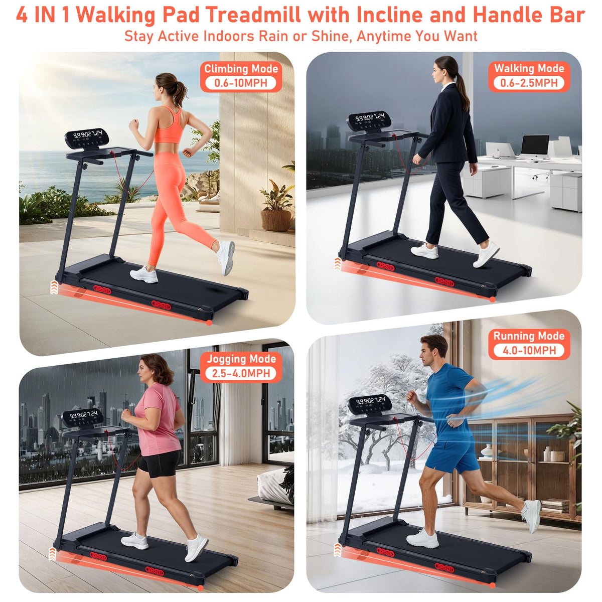 MCRG Portable Walking Pad Treadmill with Handle Bar Incline for Home Small, 3.5HP Electric Walking Pad Treadmill with Incline, Compact Mini Treadmill with Handles for Exercising, 0.6-10MPH, 400LBS
