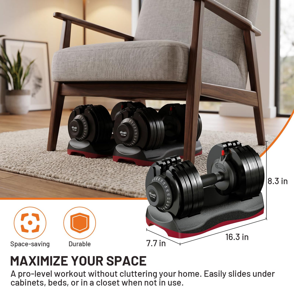 ATIVAFIT Adjustable Dumbbell Set with Workout Bench, 50/66/88 LB Pair with Quick Dial Adjustment & Safety Lock, Foldable Adjustable Weight Bench for Full Body Home Gym Strength Training, Space-Saving Fitness Equipment