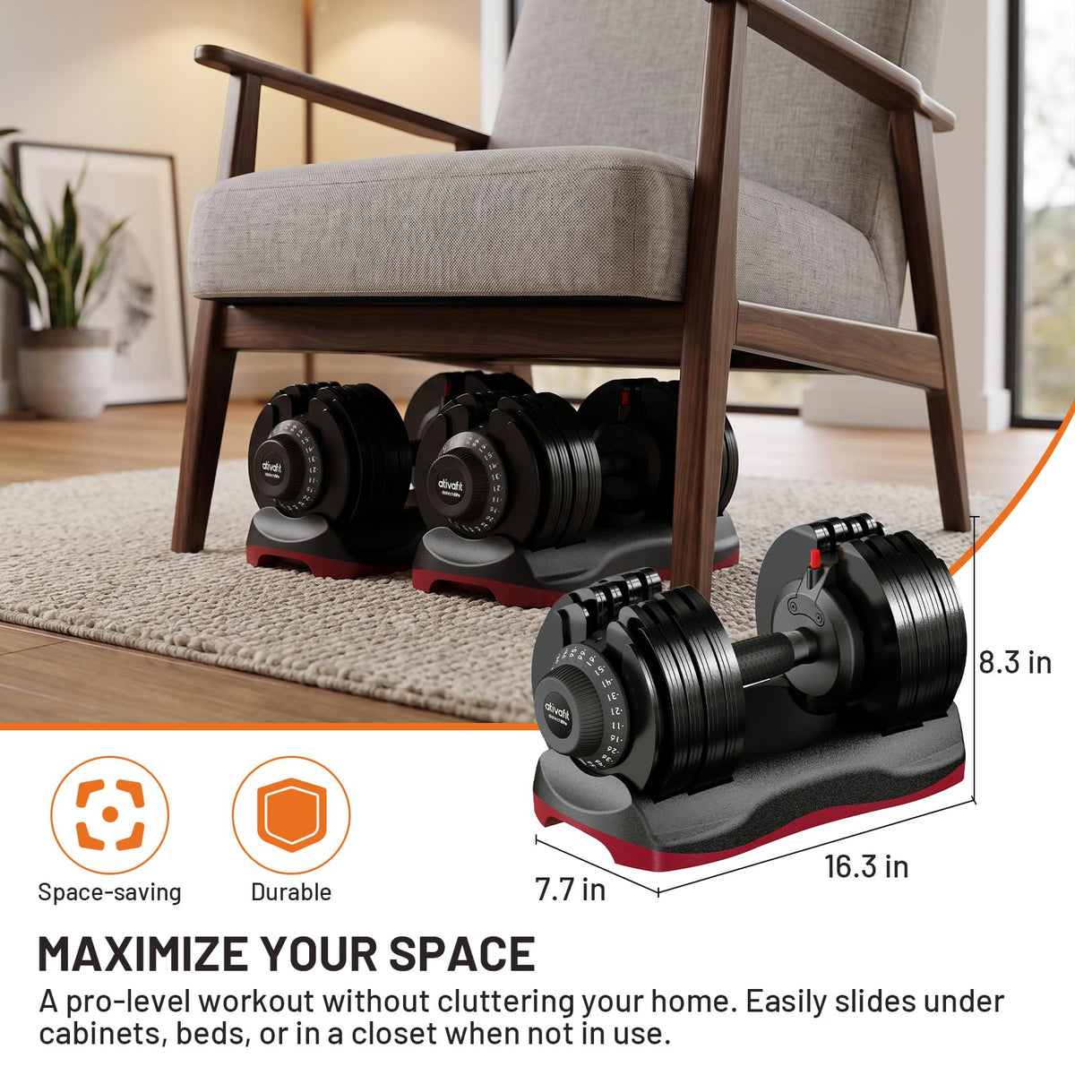 ATIVAFIT Adjustable Dumbbell Set with Workout Bench, 50/66/88 LB Pair with Quick Dial Adjustment & Safety Lock, Foldable Adjustable Weight Bench for Full Body Home Gym Strength Training, Space-Saving Fitness Equipment