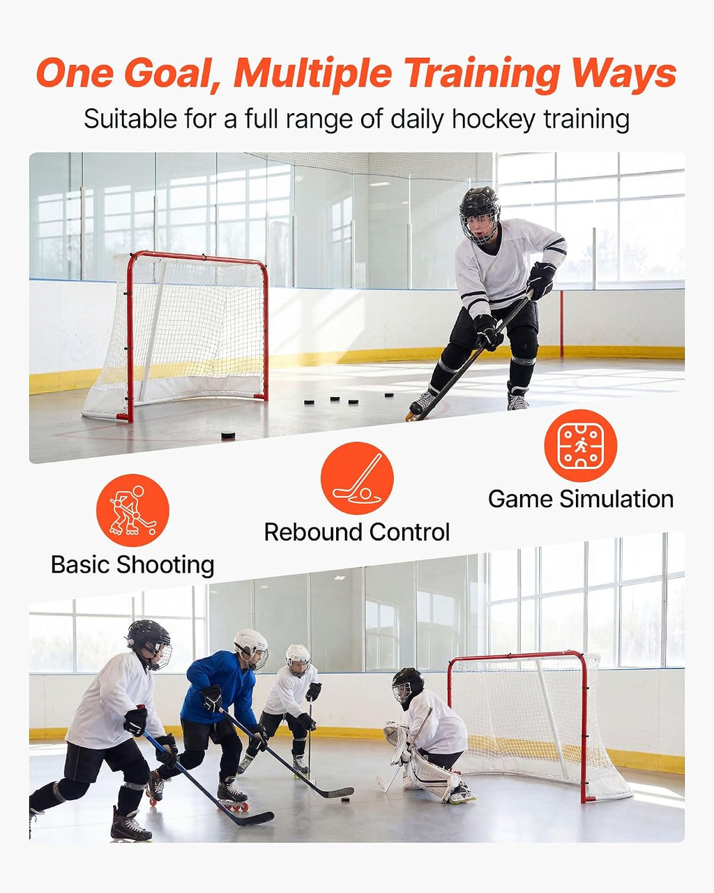 VEVOR Street Hockey Goal, Heavy-Duty Steel Street + Roller Hockey Nets, Durable Hockey Net for Indoor Outdoor Use, Lightweight Portable Training, Easy Assembly for Backyard Park Garage