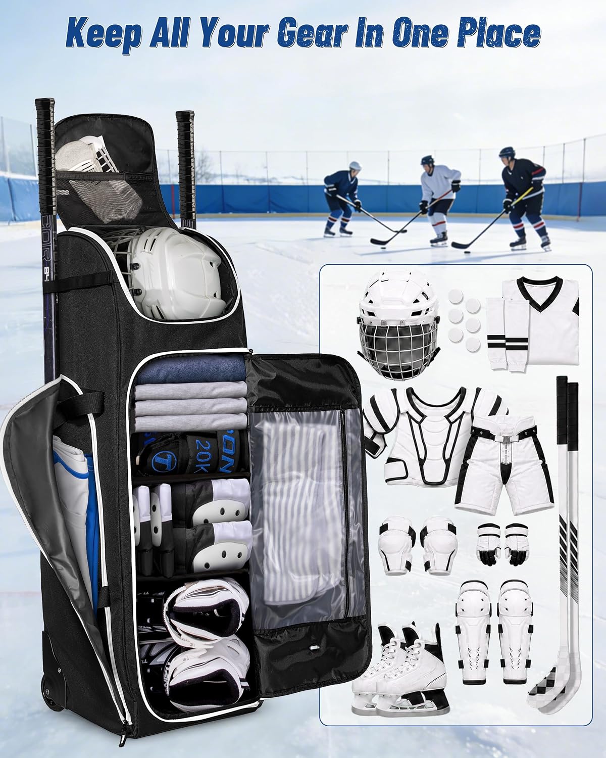 CURMIO Hockey Bag with Wheels, 38-Inch Rolling Ice Hockey Travel Bag