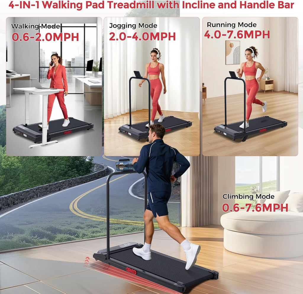 MCRG Portable Walking Pad Treadmill with Handle Bar Incline for Home Small, 3.5HP Electric Walking Pad Treadmill with Incline, Compact Mini Treadmill with Handles for Exercising, 0.6-10MPH, 400LBS