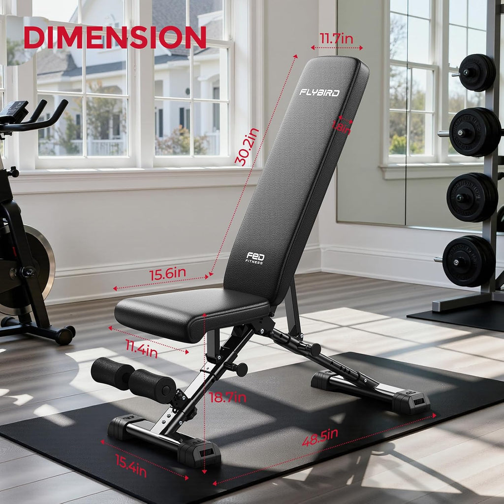 FLYBIRD WB5 Weight Bench, ASTM-Certified 800LBS Adjustable Weight Bench Workout Bench Foldable for Home Gym, 90Â° to -30Â° FID and 30in Extended Backrest for Bench Press Strength Training Exercise