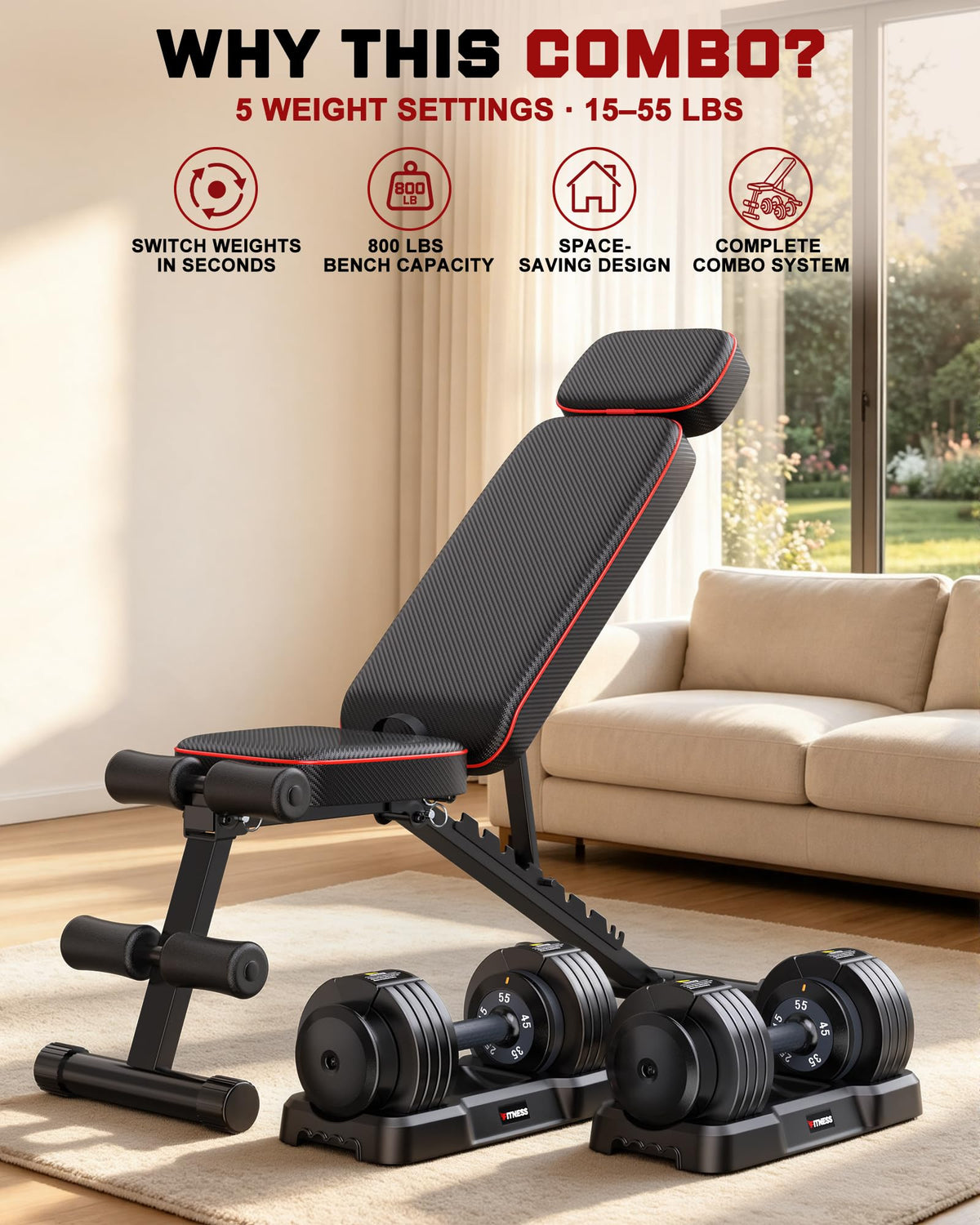 Rendpas Adjustable Dumbbell Set with Workout Bench at Home