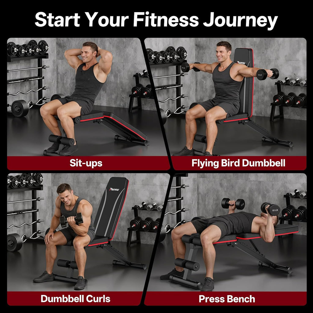 PASYOU Adjustable Weight Bench, Foldable, Incline Decline Flat, Bench Press with 660LBS, 95% Pre-Assembled, Compact Workout Bench Full Body Strength Training Bench for Home Gym, Wider Seat