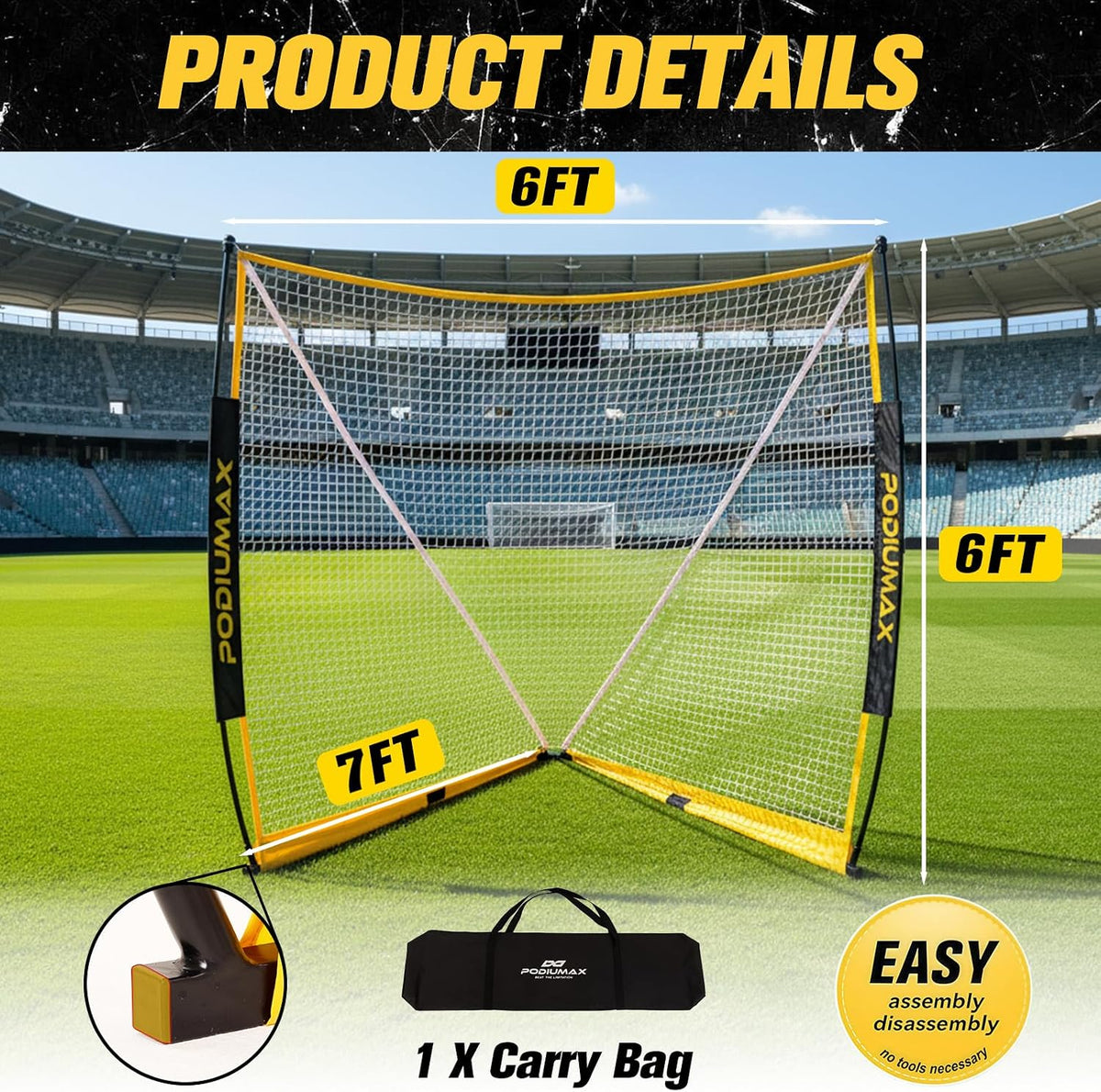 PodiuMax Foldable Lacrosse Goal 6x6x7FT, Stable Steel Frame