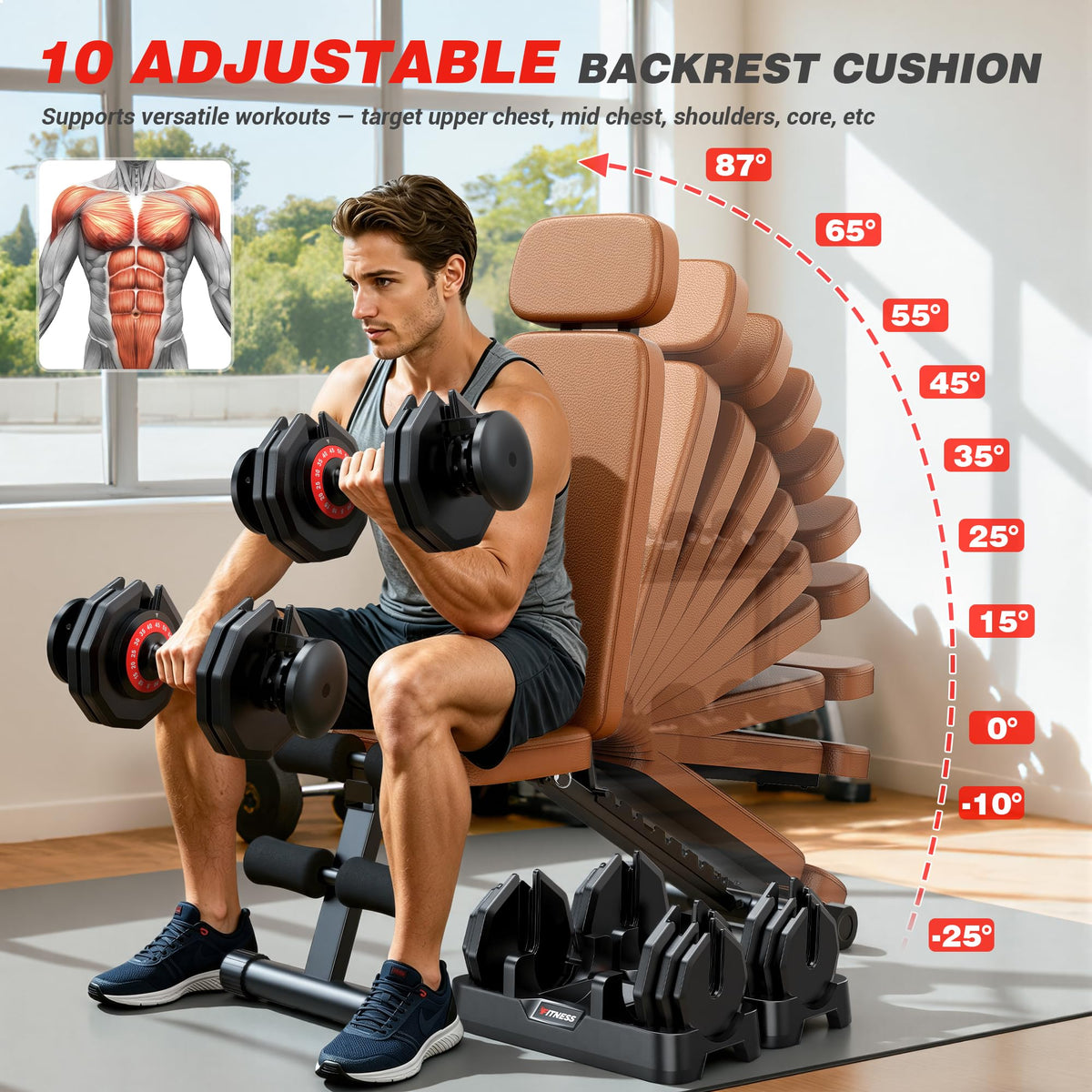 XDDIAS Workout Bench, 10 Backrests Adjustable Weight Bench with Extended Headrest, 800LBS Foldable Weight Bench for Home Gym, Incline Decline Flat Bench Compact for Small Space Training