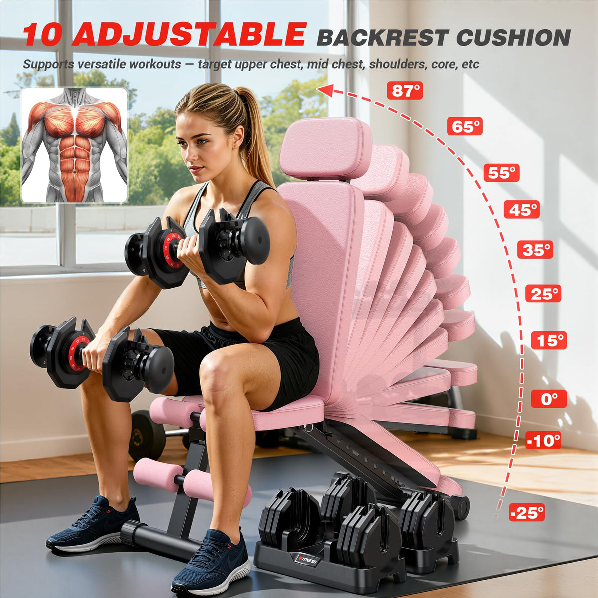 XDDIAS Workout Bench, 10 Backrests Adjustable Weight Bench with Extended Headrest, 800LBS Foldable Weight Bench for Home Gym, Incline Decline Flat Bench Compact for Small Space Training