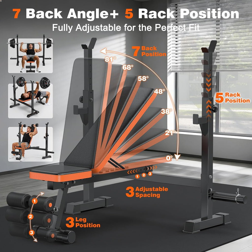 Fostoy Adjustable Weight Bench with Barbell Rack & Incline Design