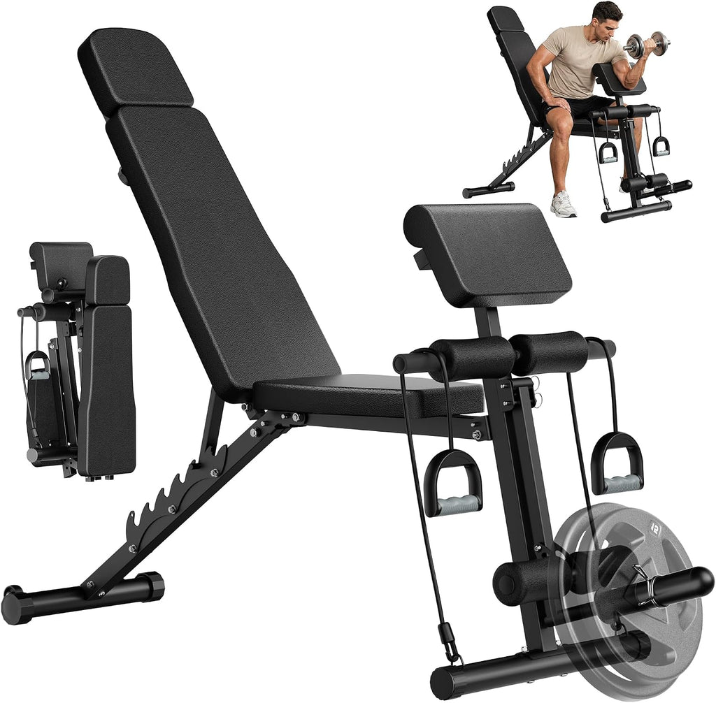 Steelite Adjustable Weight Bench for Home Gym, Foldable Workout Bench with Leg Extension and Leg Curl, 770 LBS Multi-Function Preacher Curl Weight Bench for Full Body Training Fitness, Incline Decline Flat Sit Up Bench Home Gym Equipment with Wheels for B