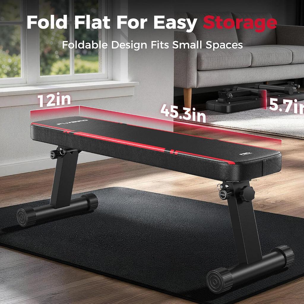 FLYBIRD Foldable Flat Weight Bench for Home Gym, 1000 lbs Capacity with Dual Locking for Strength Training, Easy Setup & Storage for Small Apartments, Lifting, Hip Thrust, Dumbbell Workout