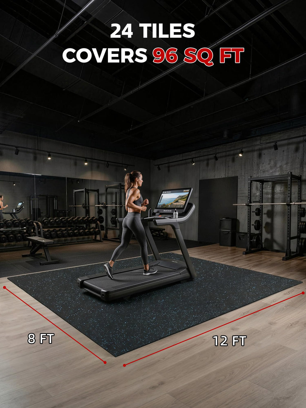 0.56in Thick 48 Sq Ft Exercise Equipment Mats, 12 Tiles Rubber Top EVA Foam Workout Mats, Interlocking Gym Flooring for Home Gym, 24 x 24in, Black & Blue
