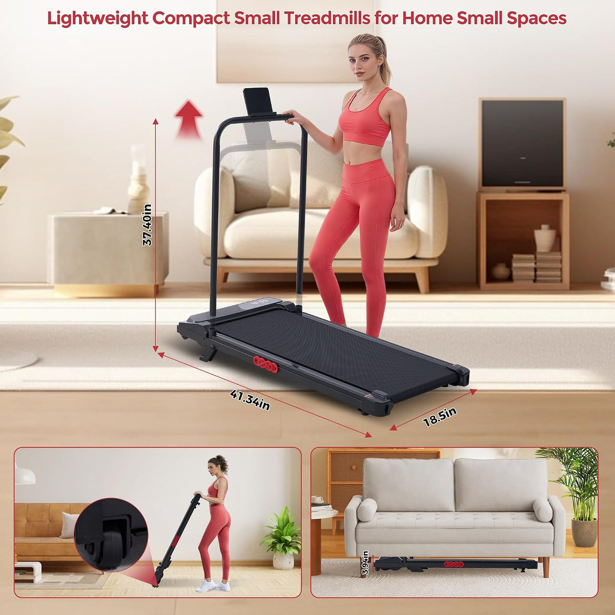 MCRG Portable Walking Pad Treadmill with Handle Bar Incline for Home Small, 3.5HP Electric Walking Pad Treadmill with Incline, Compact Mini Treadmill with Handles for Exercising, 0.6-10MPH, 400LBS