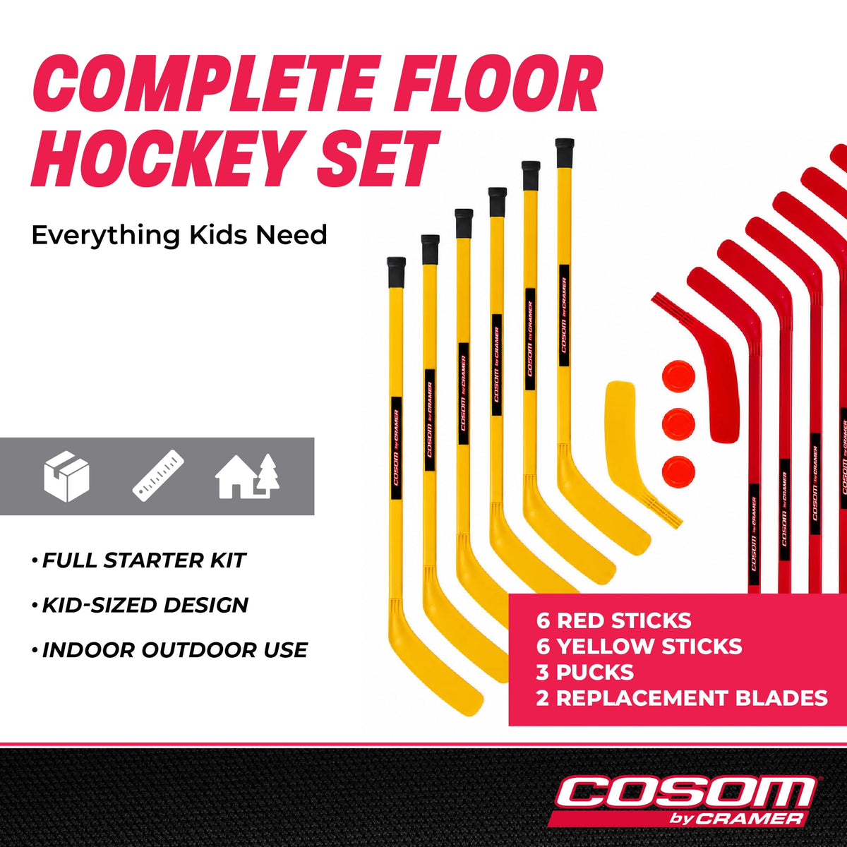 Cosom Junior Hockey Sticks for Floor Hockey and Street Hockey for Kids, Youth Hockey Set, PHYS Ed Hockey Equipment, Hockey Training