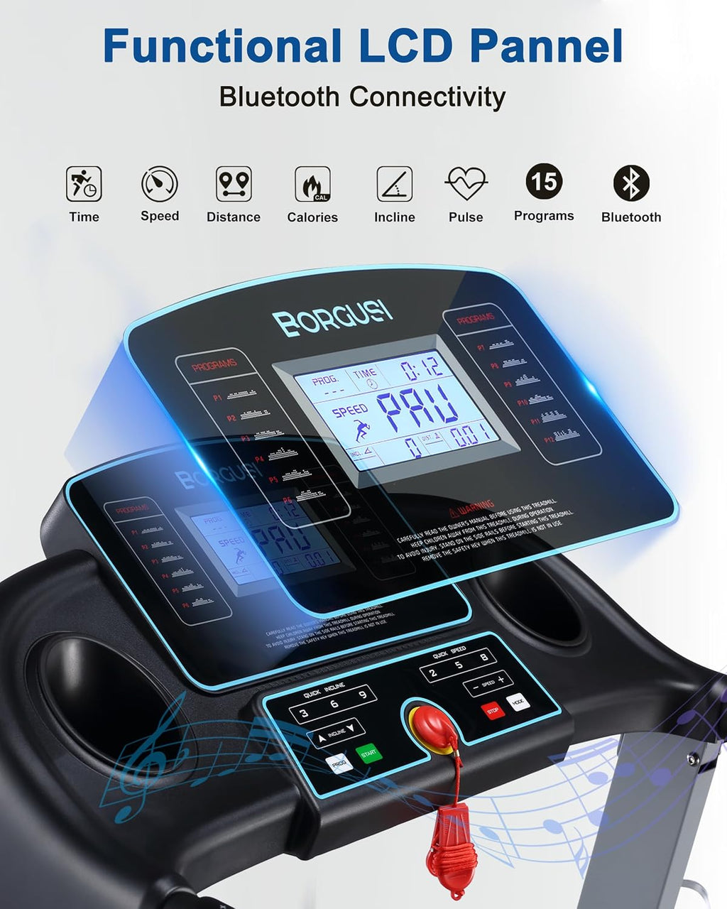 BORGUSI Treadmill with Auto Incline Folding Electric Treadmill for Home