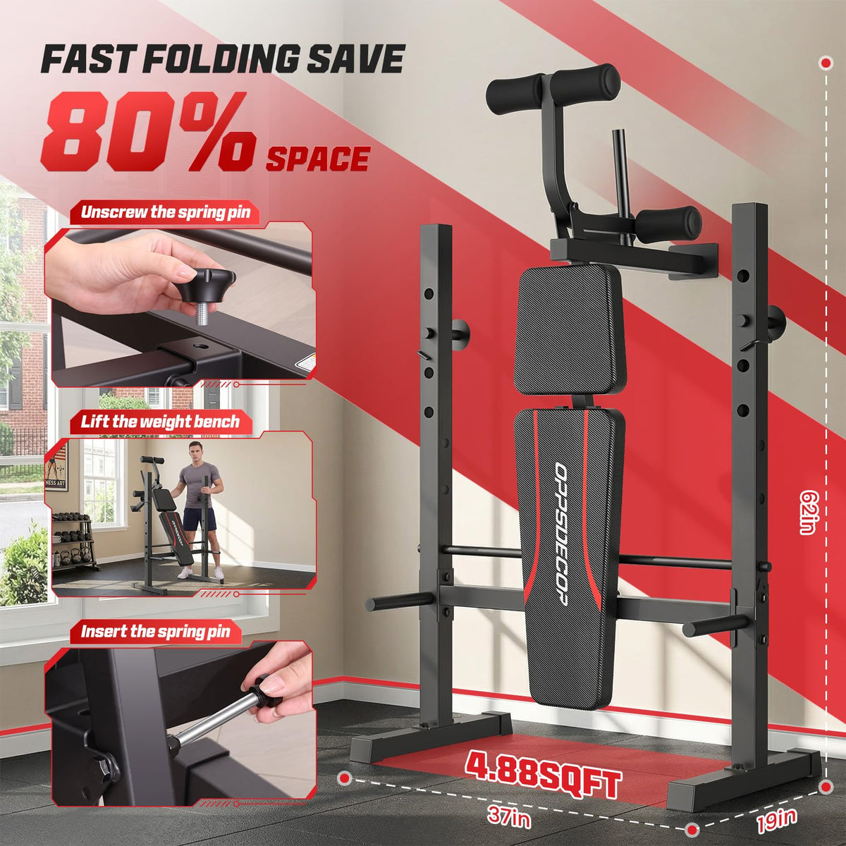 OPPSDECOR 661LBS Weight Bench Set, 8 in 1 Adjustable Bench Press with Squat Rack Leg Extension & Leg Curl Foldable Workout Bench with Safety Bar Catches Standard Weight Training Benches for Home Gym