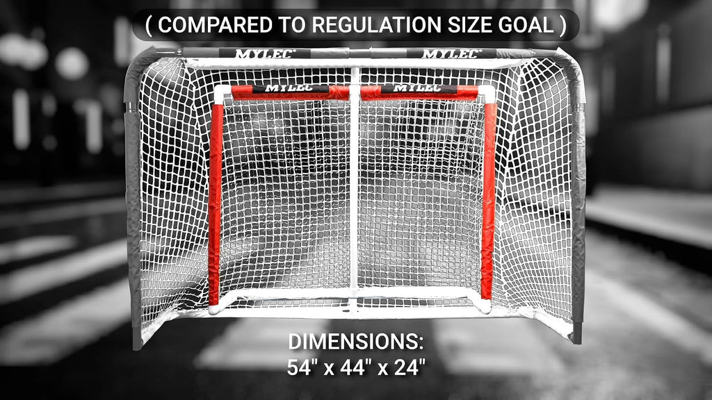 Mylec PVC Junior Hockey Folding Goal for Indoor + Outdoor (54 x 44 Inches), Lightweight & Portable, Sleeve Netting System (Red, 15 Pounds)