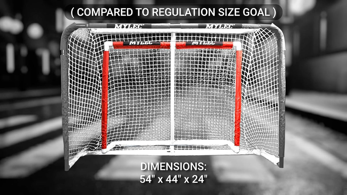 Mylec PVC Junior Hockey Folding Goal for Indoor + Outdoor (54 x 44 Inches), Lightweight & Portable, Sleeve Netting System (Red, 15 Pounds)