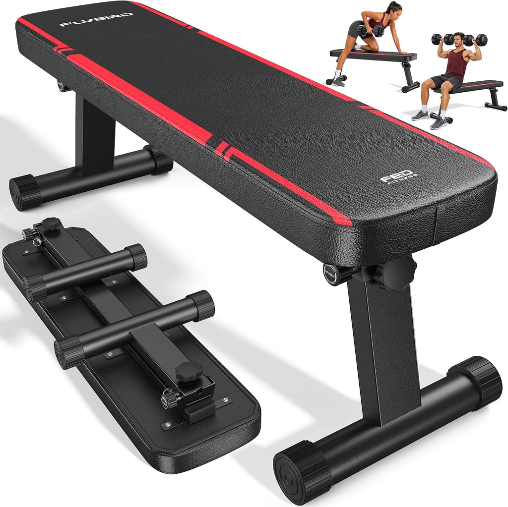 FLYBIRD Foldable Flat Weight Bench for Home Gym, 1000 lbs Capacity with Dual Locking for Strength Training, Easy Setup & Storage for Small Apartments, Lifting, Hip Thrust, Dumbbell Workout