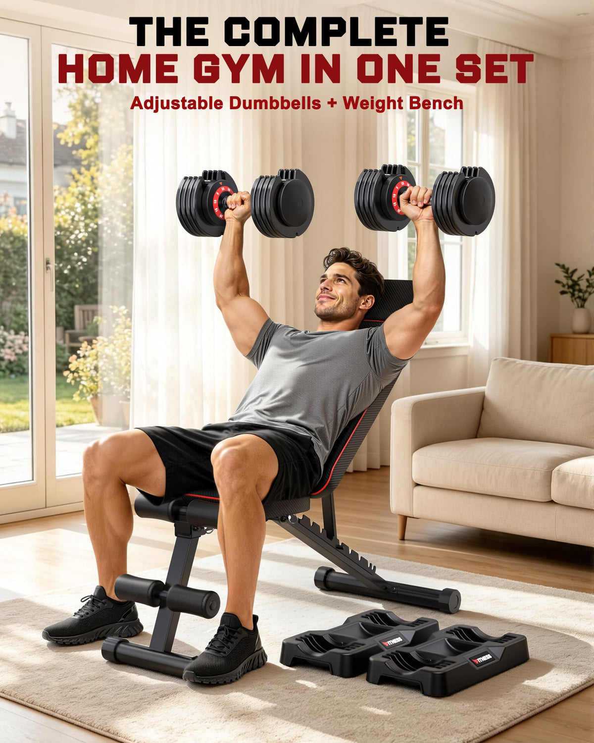 Rendpas Adjustable Dumbbell Set with Workout Bench at Home