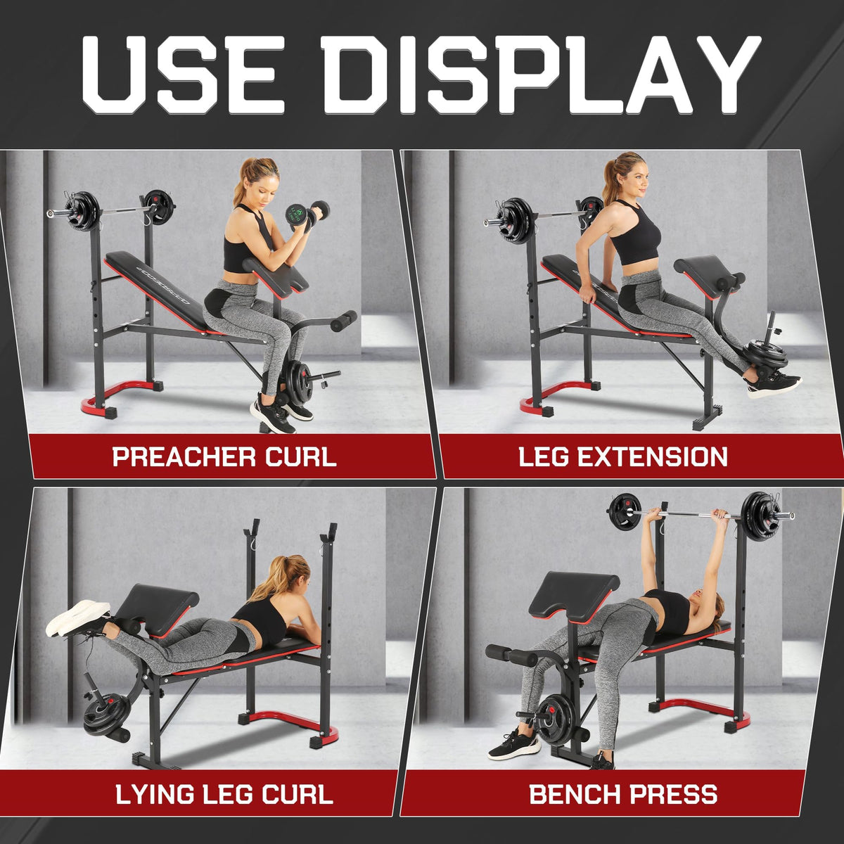 OPPSDECOR Foldable Weight Bench Set with Leg Extension and Curl, Squat Rack