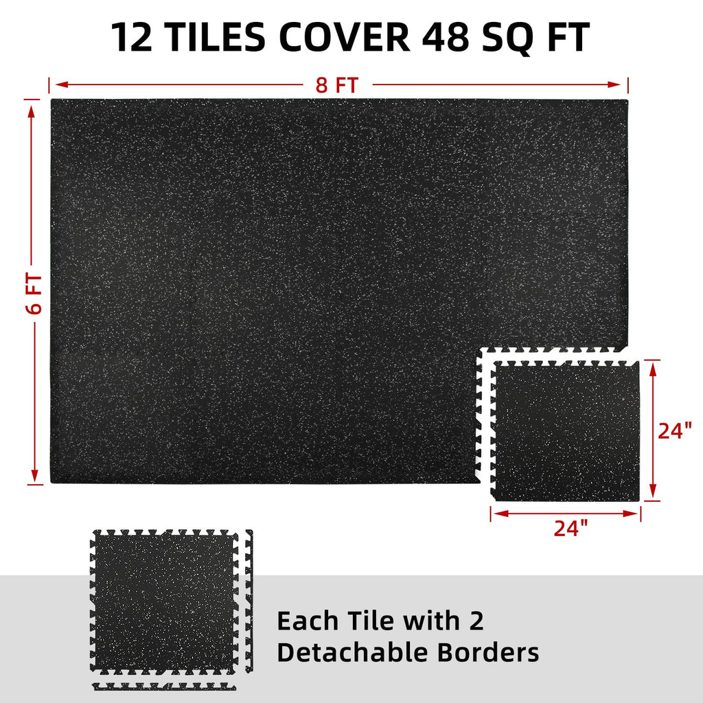 0.56in Thick 48 Sq Ft Exercise Equipment Mats, 12 Tiles Rubber Top EVA Foam Workout Mats, Interlocking Gym Flooring for Home Gym, 24 x 24in, Black & Blue