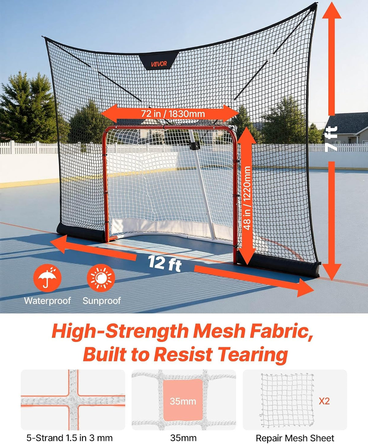 VEVOR Hockey Goal Goal and Backstop Net Set, 12x7 ft Durable Hockey Net with Extended Coverage, Lightweight Portable Complete Training Accessory Set, Easy Assembly, for Youth and Adults