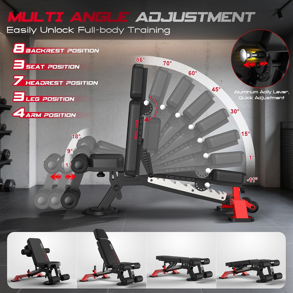 Commercial Adjustable Weight Bench, Heavy Duty 1800LBS