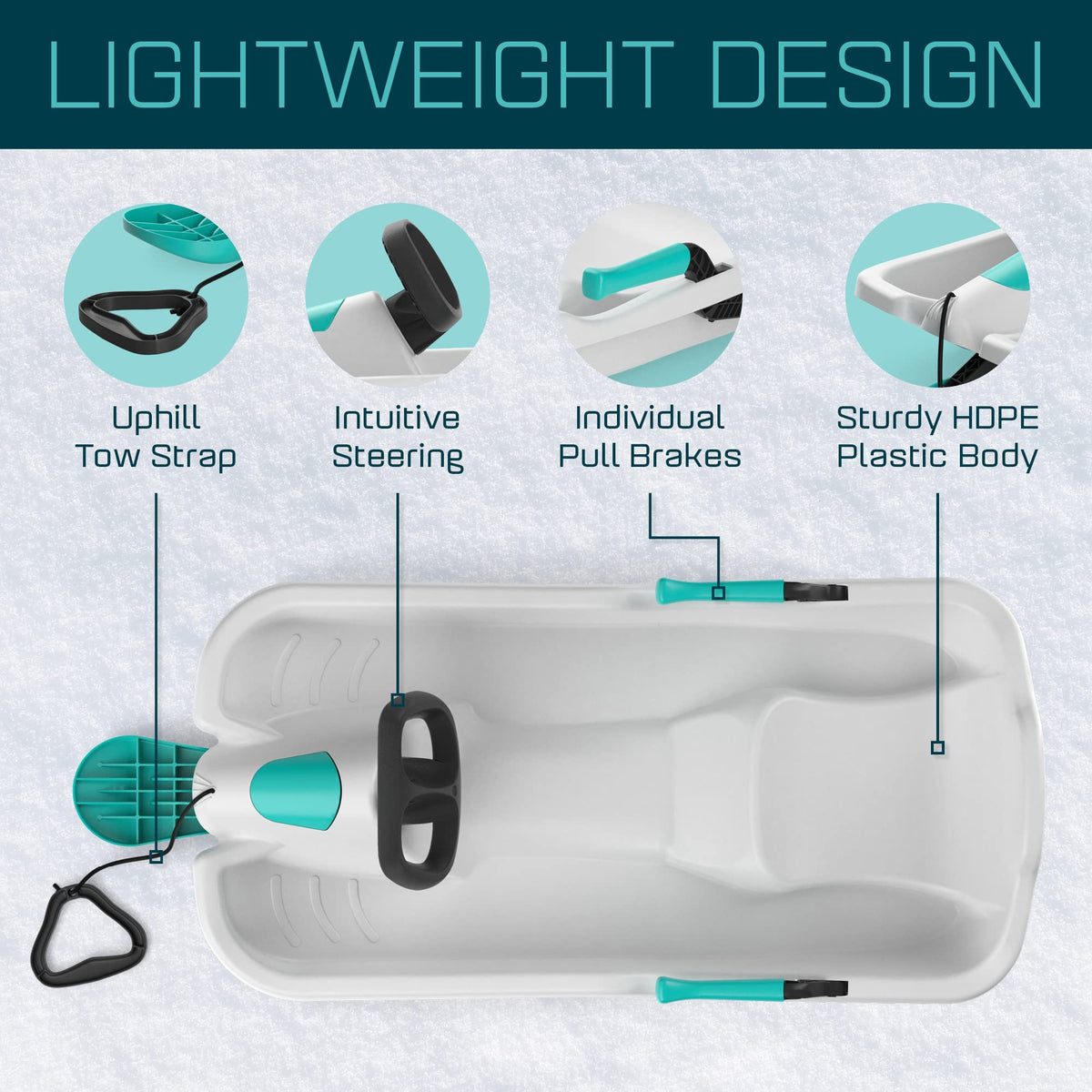 Durable Kids' Toboggan Sleds - Plastic, Lightweight, Winter Snow Sleds with Tow Strap & Pull-Up Brakes