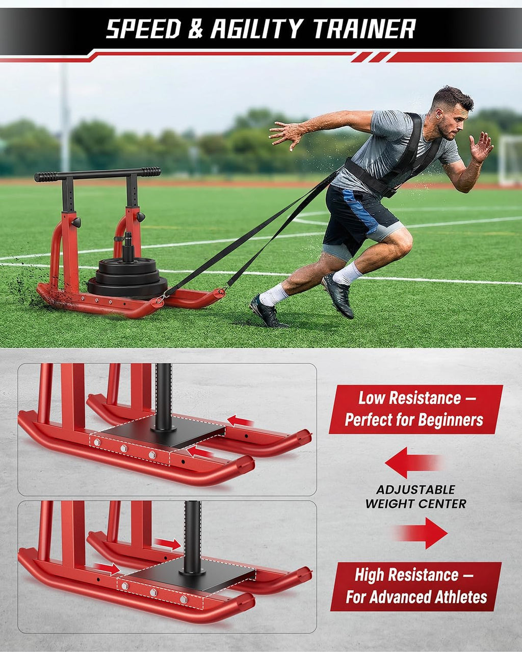 Football Sleds and Chutes, Weight Sled, Workout Fitness Sled for Training- Running Speed, Agility, Soccer, Strength, Adjustable Height Handle, Fits 1" & 2" Weight Plates