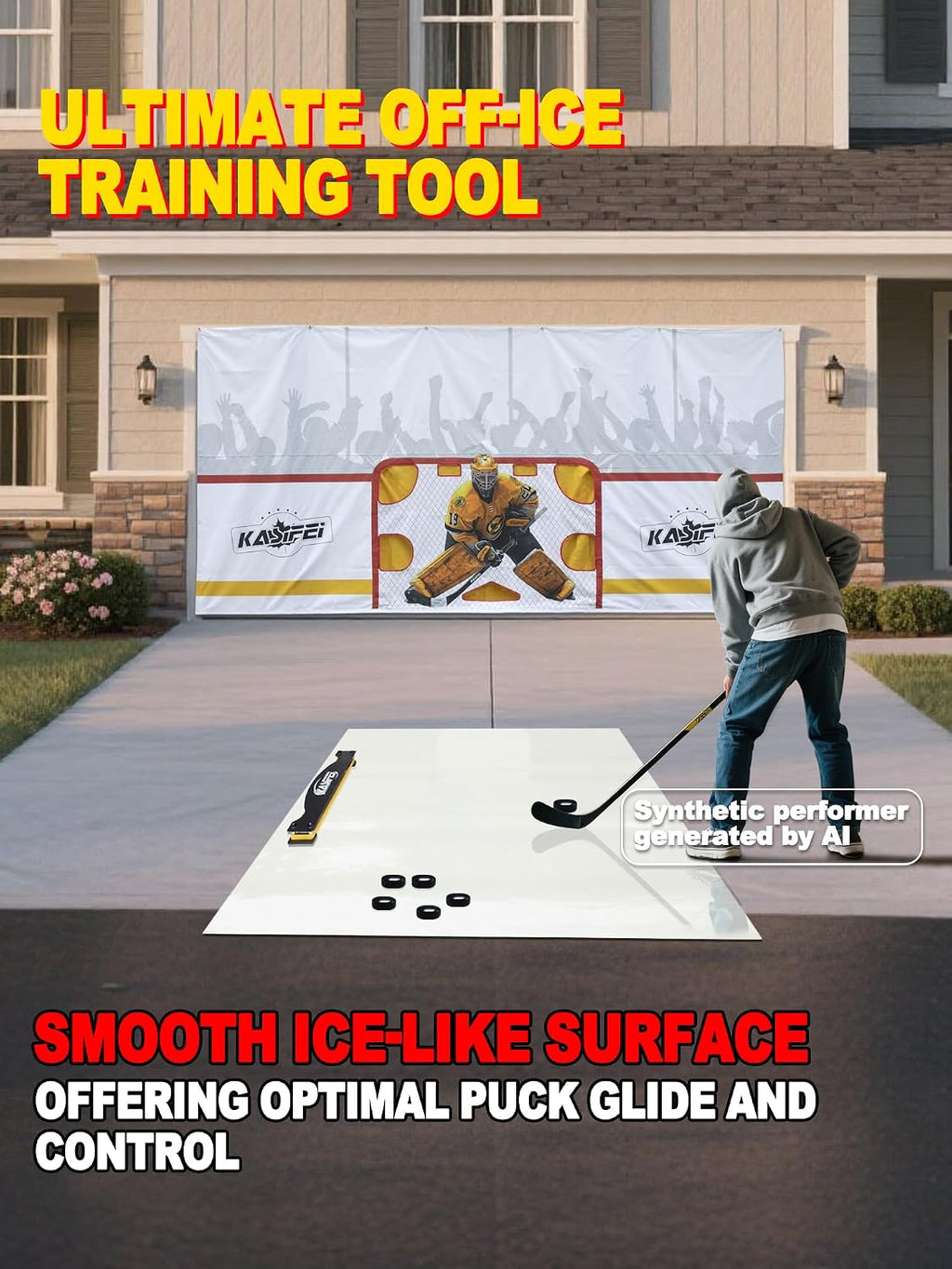 kasifei Portable Roll-Up Hockey Shooting Pad with Rebounder, Large 4.5 Foot x 10 Foot Size Professional Hockey Training Equipment for Shooting, Passing and Stickhandling