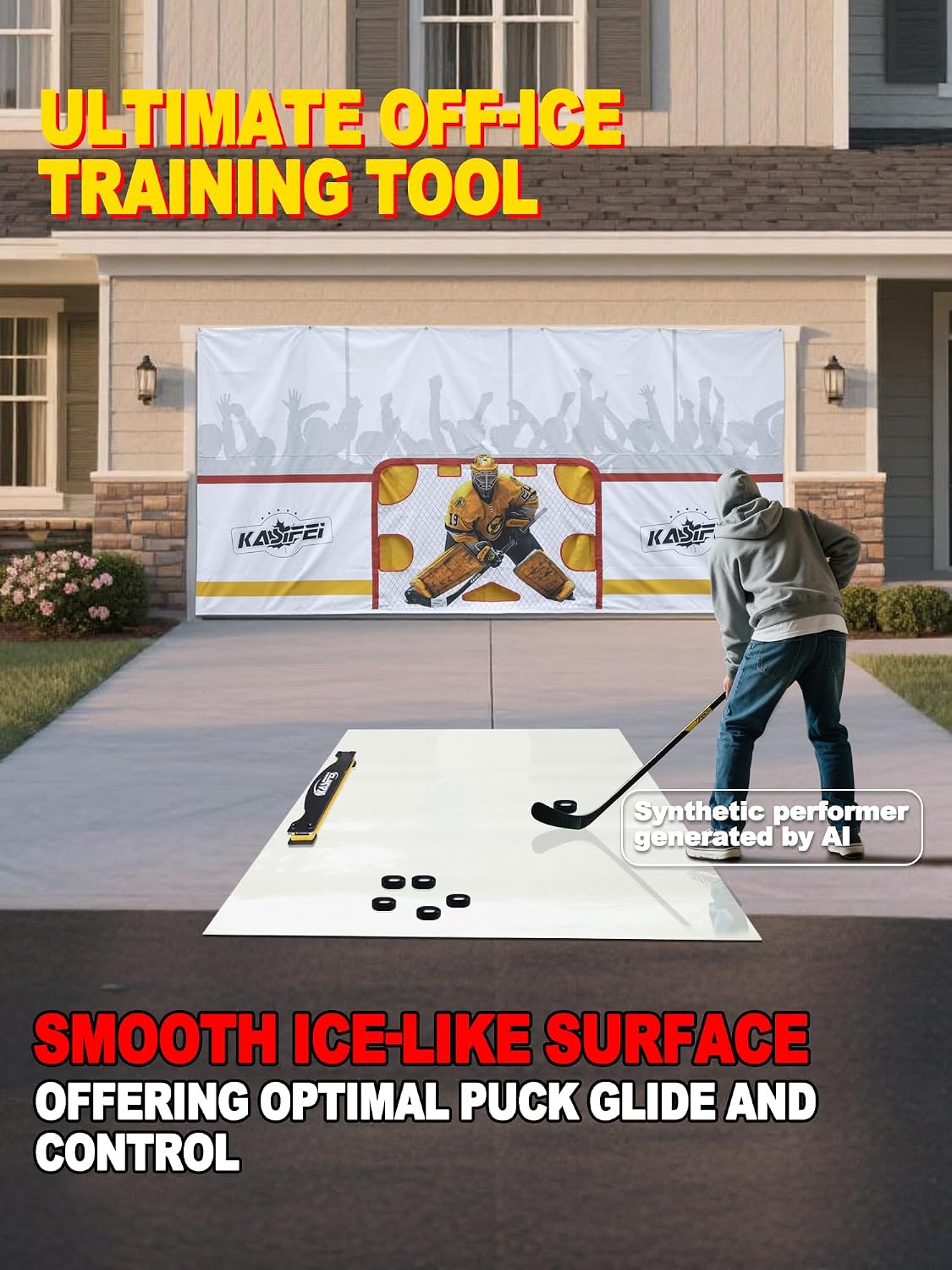kasifei Portable Roll-Up Hockey Shooting Pad with Rebounder, Large 4.5 Foot x 10 Foot Size Professional Hockey Training Equipment for Shooting, Passing and Stickhandling