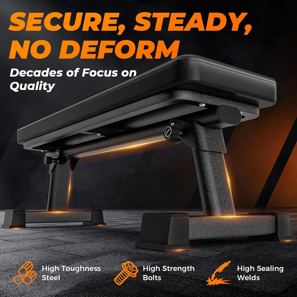 BODY RHYTHM Semi-Commercial Foldable Flat Bench for Multi-Purpose Weight Training and Ab Workout, Flat Weight Workout Exercise Bench with 1000lb Weight Capacity for Strength Training Bench Press, Suitable for Home and Gym.