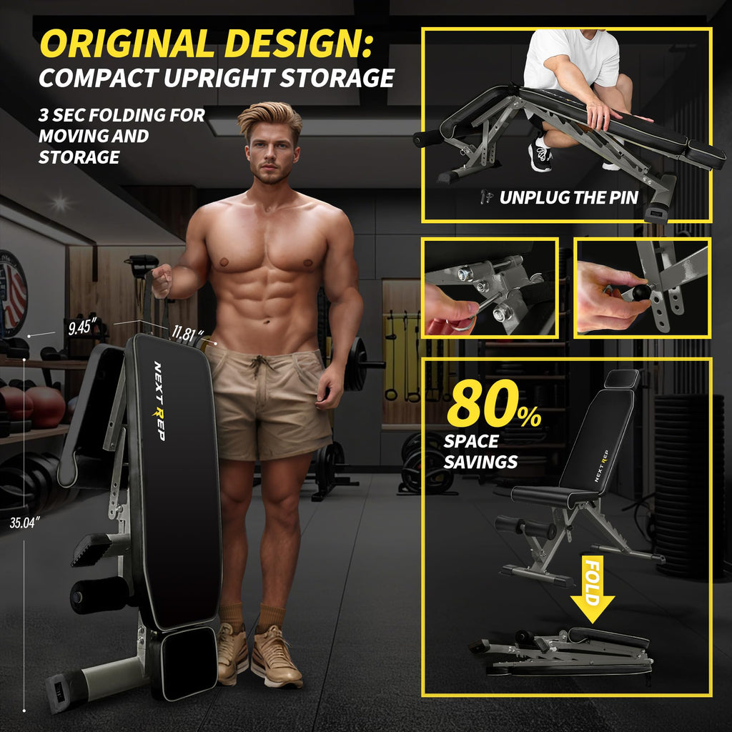 Adjustable Weight Bench,1000 LB Fast Folding Workout Bench for Home Gym Strength Training, Incline Decline Flat Utility Bench Press for Full Body Workout, Upright Storage Yellow Exercise Bench