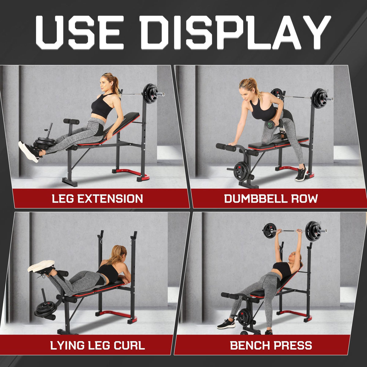 OPPSDECOR Foldable Weight Bench Set with Leg Extension and Curl, Squat Rack