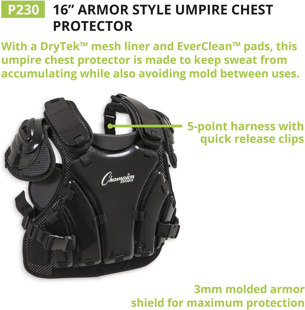 Champion Sports Umpire Chest Protector: 3 Millimeter Molded Plate Armor Style Softball & Baseball Chest Protector - 16" - Black