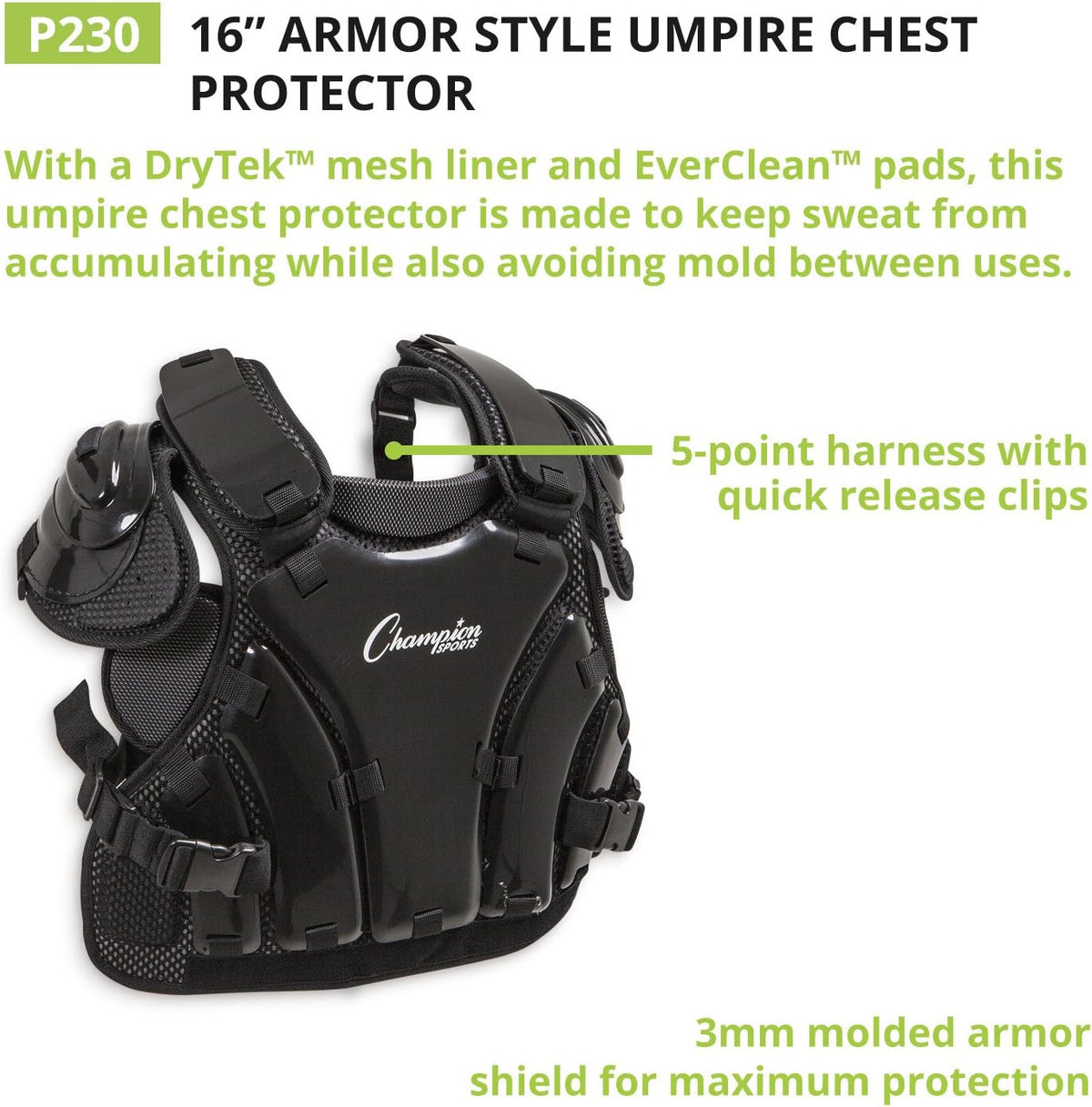 Champion Sports Umpire Chest Protector: 3 Millimeter Molded Plate Armor Style Softball & Baseball Chest Protector - 16" - Black