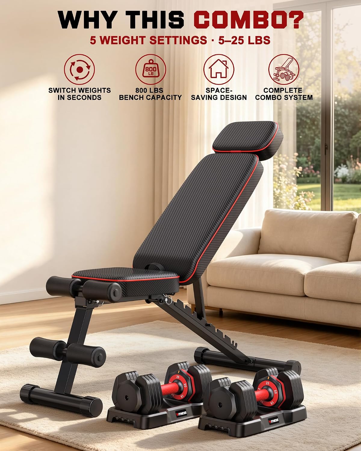 Rendpas Adjustable Dumbbell Set with Workout Bench at Home