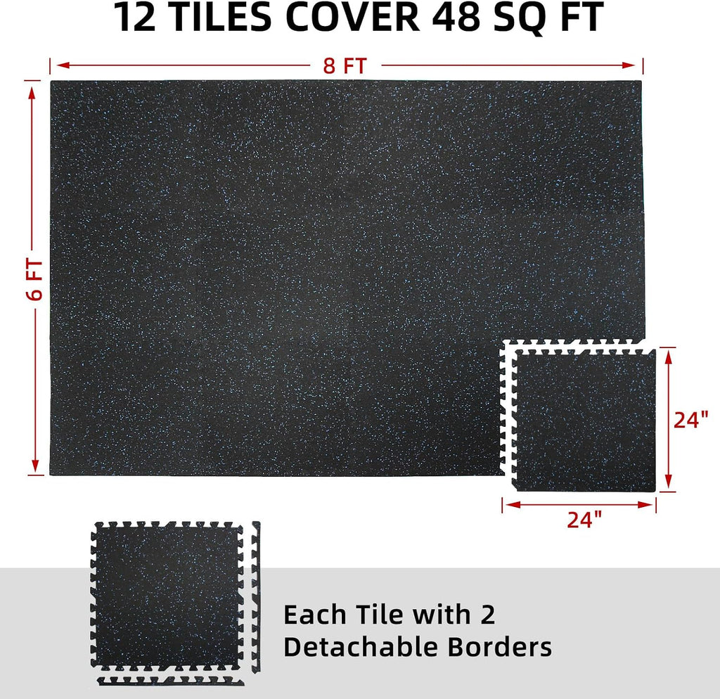 0.56in Thick 48 Sq Ft Exercise Equipment Mats, 12 Tiles Rubber Top EVA Foam Workout Mats, Interlocking Gym Flooring for Home Gym, 24 x 24in, Black & Blue