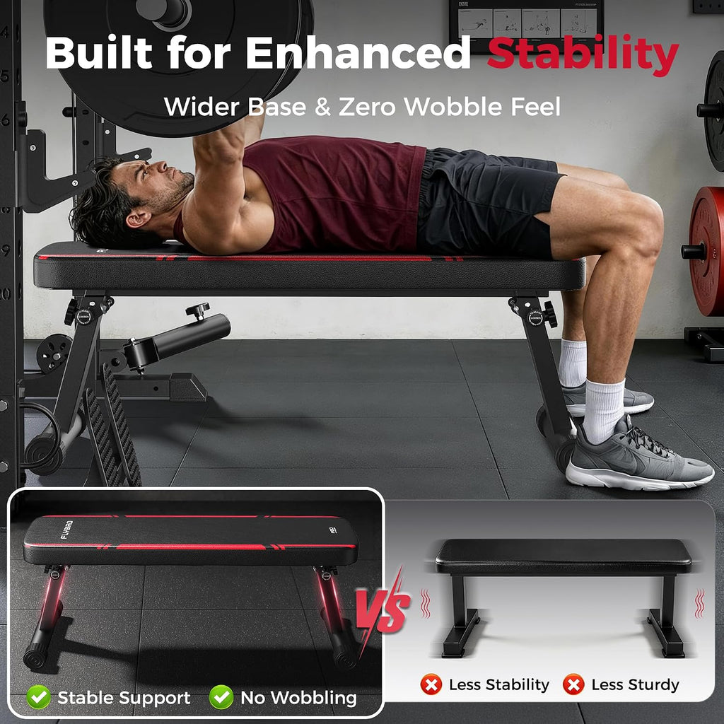 FLYBIRD Foldable Flat Weight Bench for Home Gym, 1000 lbs Capacity with Dual Locking for Strength Training, Easy Setup & Storage for Small Apartments, Lifting, Hip Thrust, Dumbbell Workout