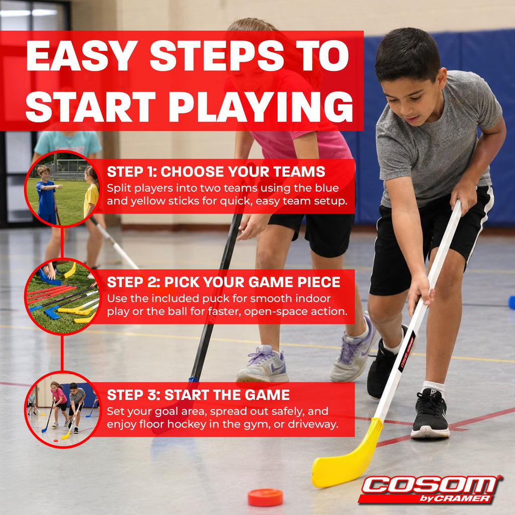 Cosom Junior Hockey Sticks for Floor Hockey and Street Hockey for Kids, Youth Hockey Set, PHYS Ed Hockey Equipment, Hockey Training