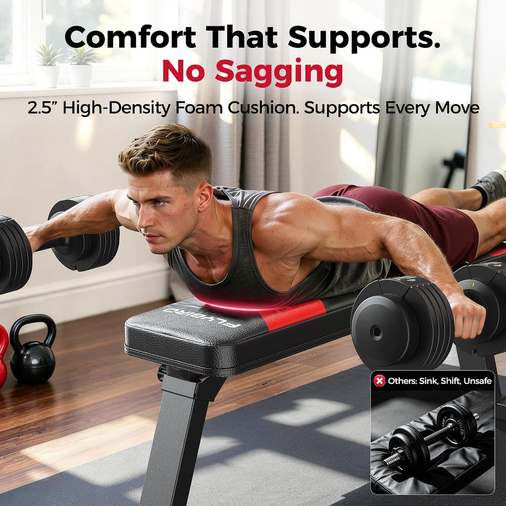 FLYBIRD Foldable Flat Weight Bench for Home Gym, 600 lbs Capacity with Dual Locking for Strength Training, Easy Setup & Storage for Small Apartments, Lifting, Hip Thrust, Dumbbell Workout
