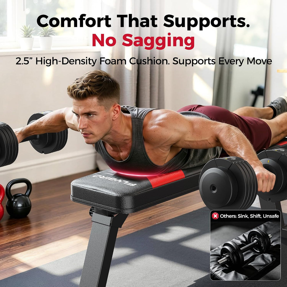 FLYBIRD Foldable Flat Weight Bench for Home Gym, 600 lbs Capacity with Dual Locking for Strength Training, Easy Setup & Storage for Small Apartments, Lifting, Hip Thrust, Dumbbell Workout