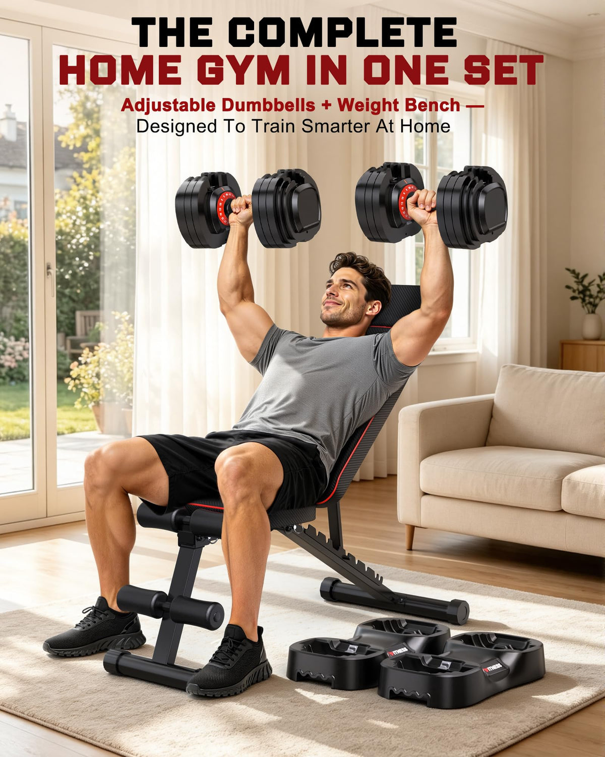 Rendpas Adjustable Dumbbell Set with Workout Bench at Home
