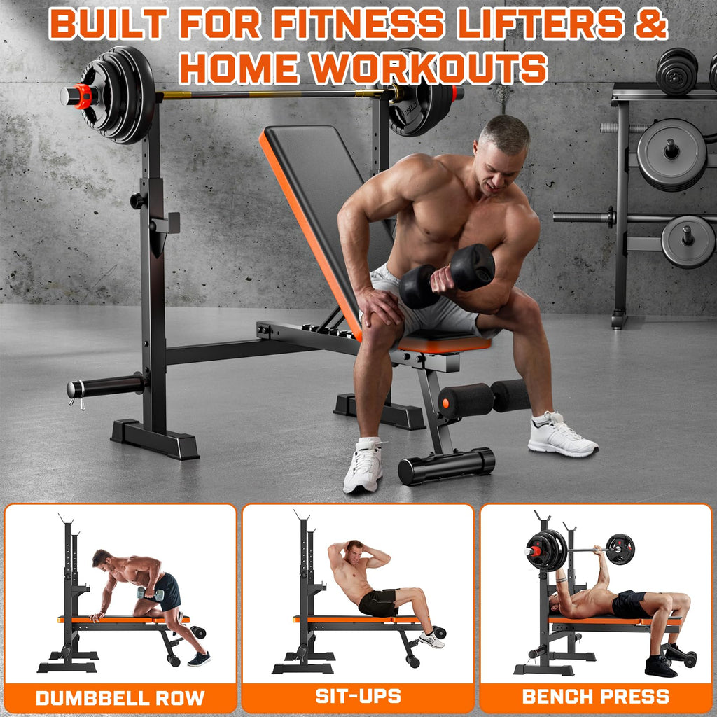 Fostoy Adjustable Weight Bench with Barbell Rack & Incline Design