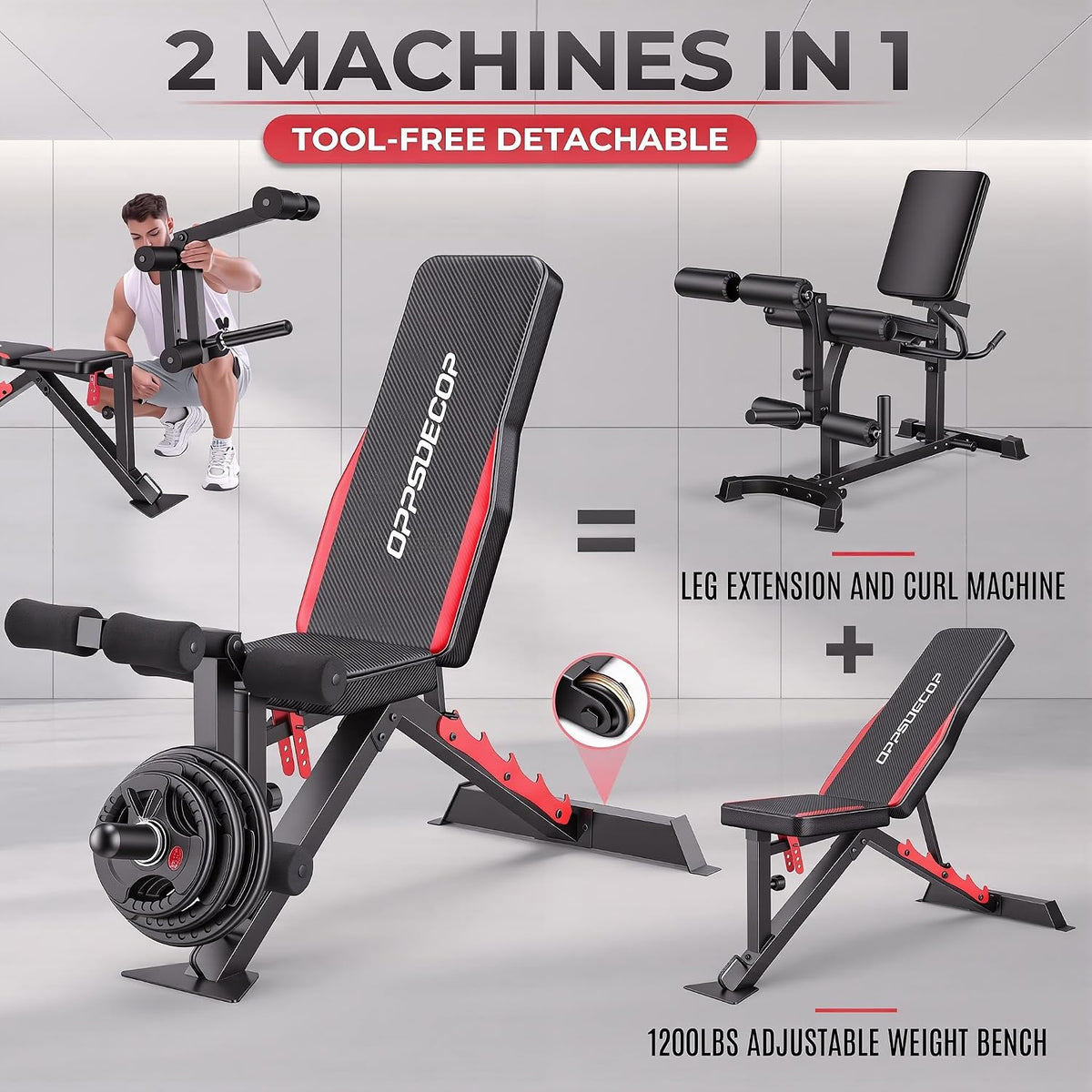 OPPSDECOR 1200 lbs Adjustable Weight Bench with Leg Extension & Leg Curl